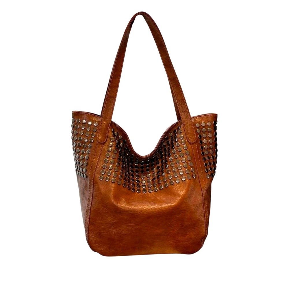 Studded Tote Bag Brown Faux Leather Shoulder Bag Women Large Hobo Purse - Picture 3 of 7